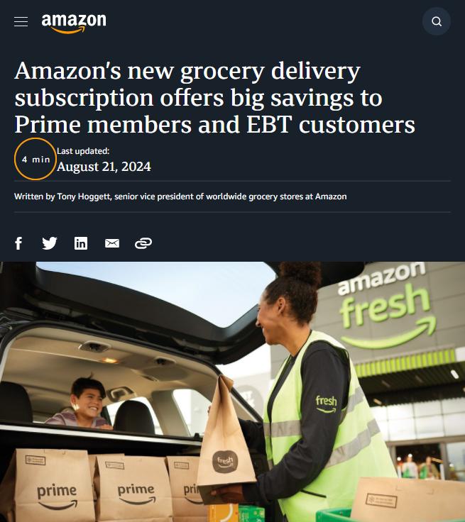 亚马逊推出Prime会员食品杂货年度订阅计划